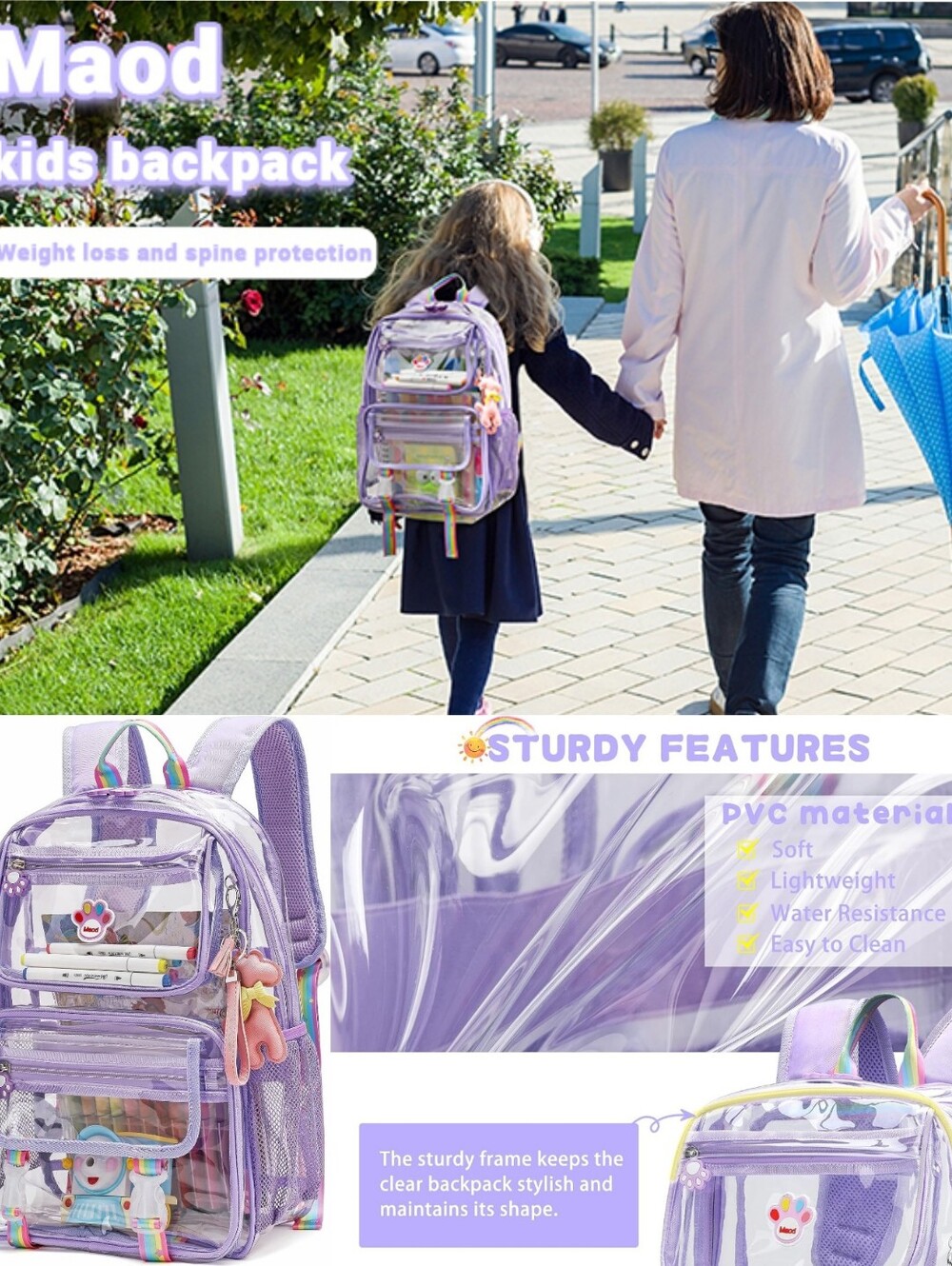 Maod Clear Backpack Heavy Duty Stadium Approved PVC Transparent School Bag